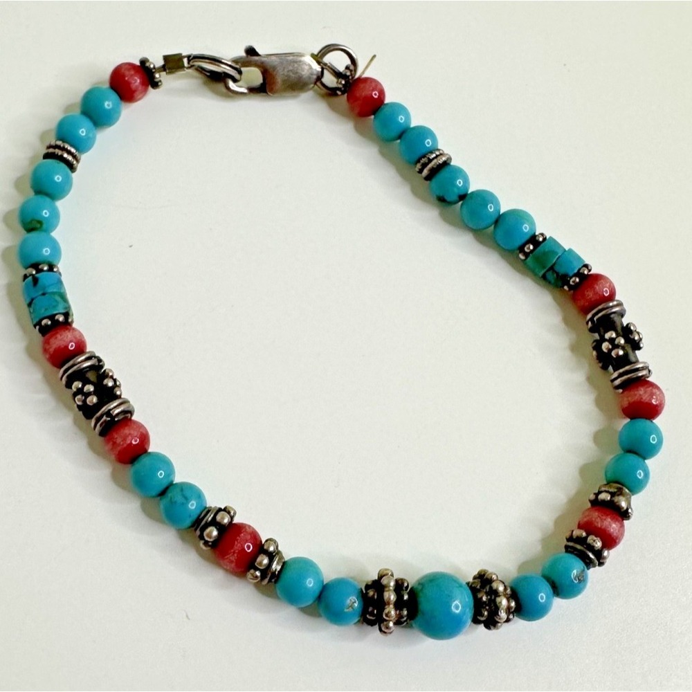 Sterling Silver Turquoise Bracelet Red Quartz Beaded Handmade 7"‎ Wire